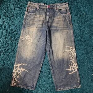 Y2K Vitriol Baggy Jeans 38x29 Gothic Tribal Graphic Wide Leg Denim Pants